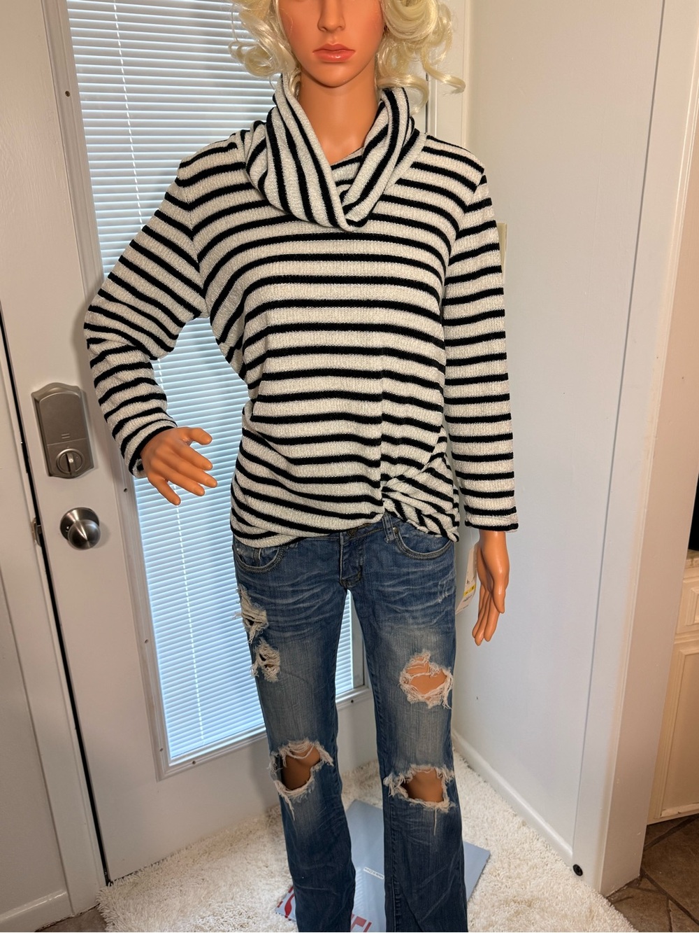 Ruby Rd. Black & White Striped Cowl Neck Sweater with Front Knot